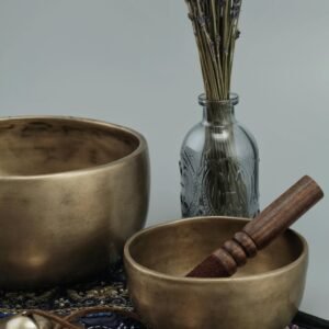 Tibetan singing bowls with lavender create a calming meditation space.